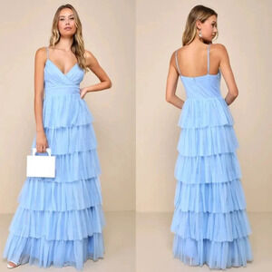 Lulus Rule the Runway Light Blue Tulle Surplice Tiered Maxi Dress S Party Prom